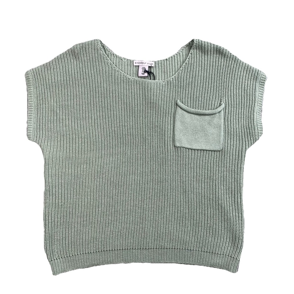 Sincerely Jules Sweater Vest Women's M Sage Green Waffle Knit Pocket Cap Sleeve